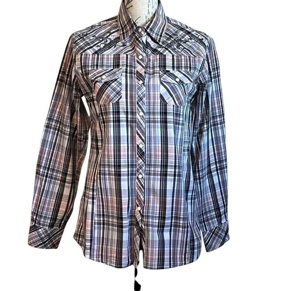 Cowgirl Up Grey Pink Plaid Snap Pearl Button Western Embroidered Shirt M